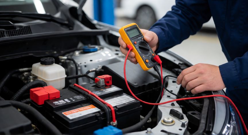 como hacer andar super de nuevo, Técnico midiendo voltaje de batería en chasis vehicular