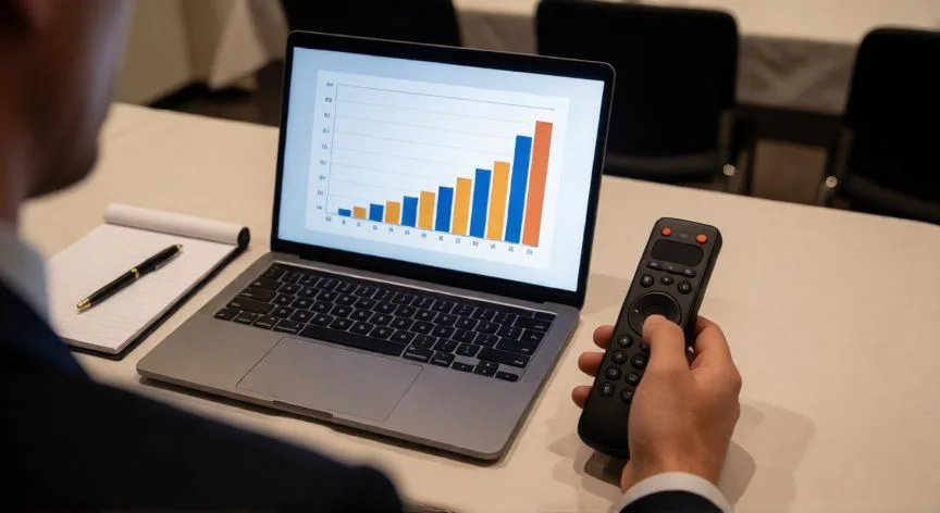 como hacer animaciones en powerpoint, Presentación en vivo con un gráfico animándose en la diapositiva, vista cenital con control remoto de presentación