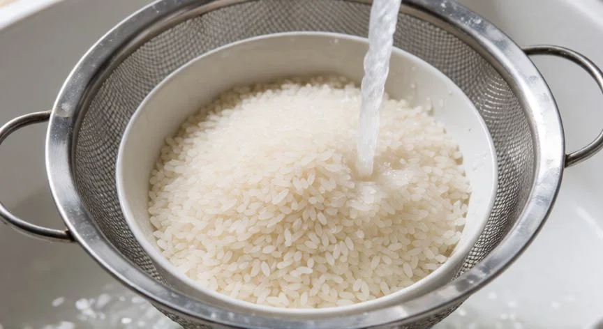 Lavar el arroz en un colador con agua fría para eliminar el almidón