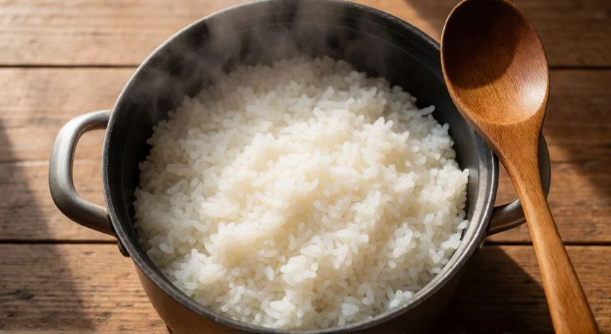 como hacer arroz, Arroz blanco cocido suelto y esponjoso en una olla de acero inoxidable