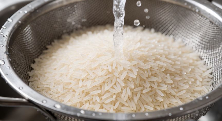 como hacer arroz basmati, Enjuague de arroz basmati en escurridor bajo el grifo