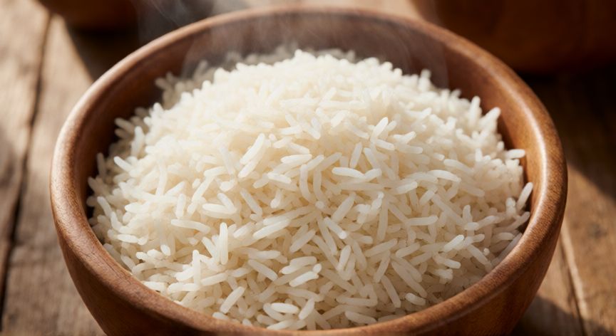 como hacer arroz basmati, Bol de madera con arroz basmati cocido suelto y vaporoso