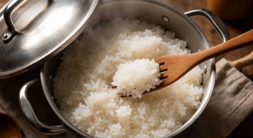 como hacer arroz blanco, Olla de arroz blanco recién cocido con vapor saliendo por la tapa