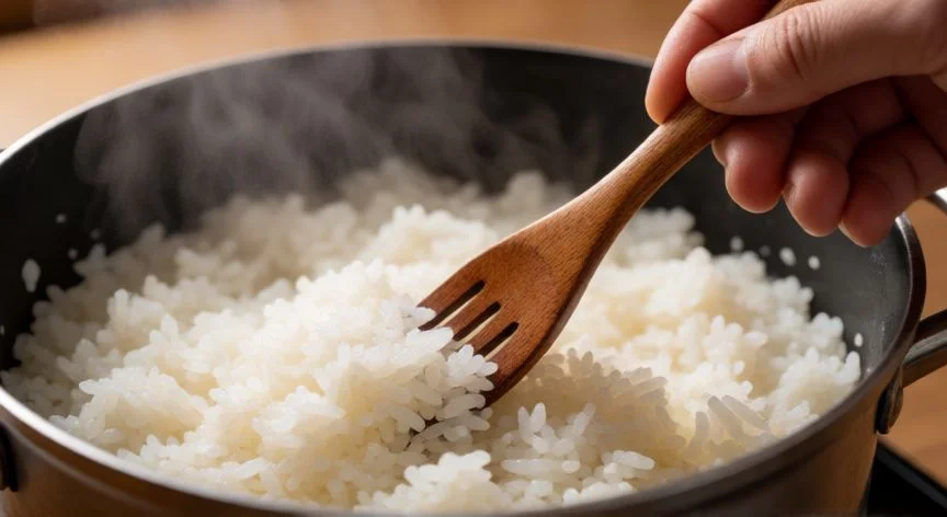 como hacer arroz blanco suelto, Sueltando el arroz con un tenedor para airear los granos