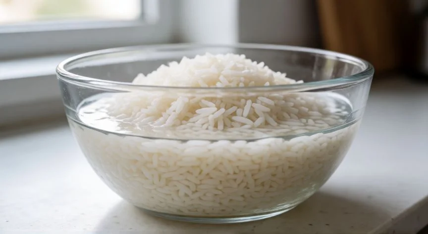 como hacer arroz con leche, Arroz blanco remojando en agua fría listo para preparar