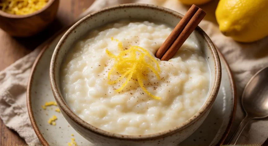 como hacer arroz con leche, Bowl de arroz con leche cremoso decorado con canela y limón