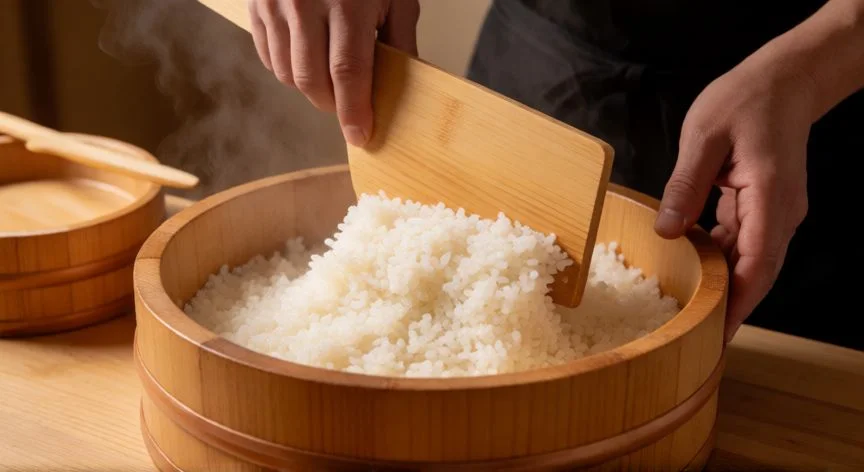 como hacer arroz de sushi, Preparación del shari con vinagre en bol de madera