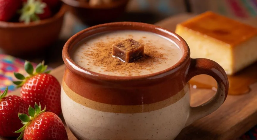 como hacer atole nuevo, Taza de atole nuevo servido con canela molida y acompañante de fruta fresca