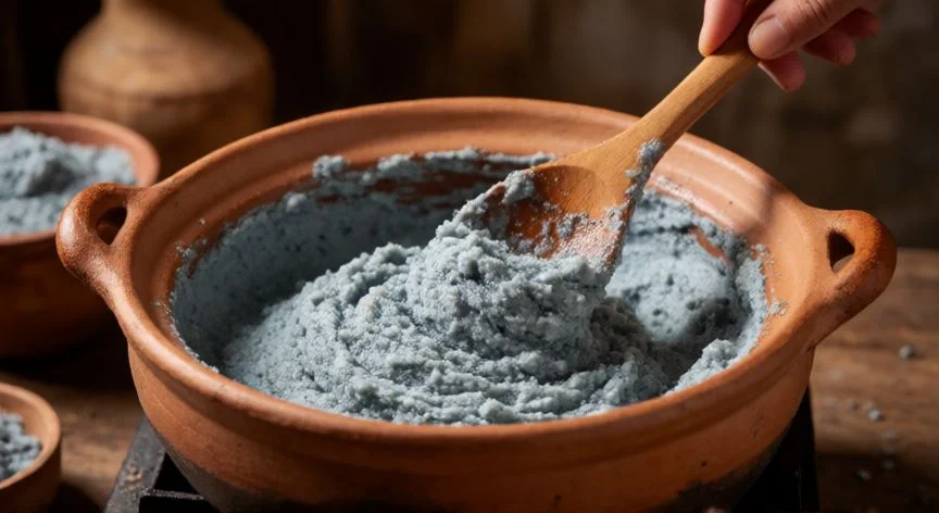 como hacer atole nuevo yucateco, Tostado de masa de maíz para atole yucateco en sartén de barro