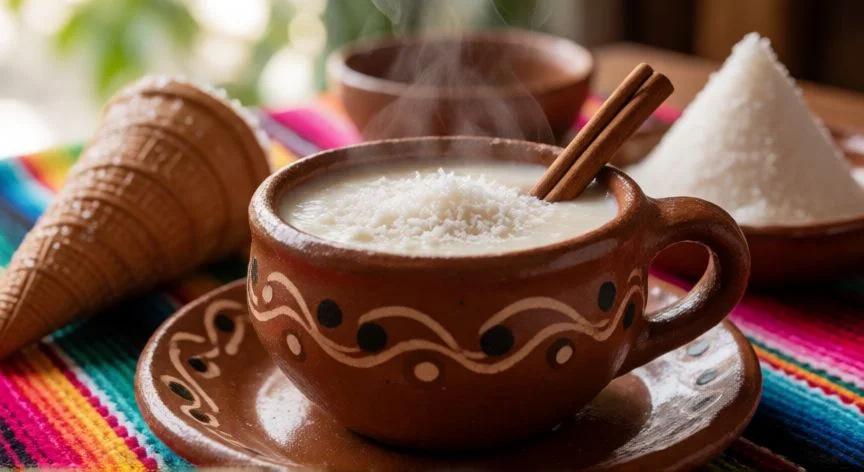como hacer atole nuevo yucateco, Taza de atole nuevo yucateco con coco rallado y canela