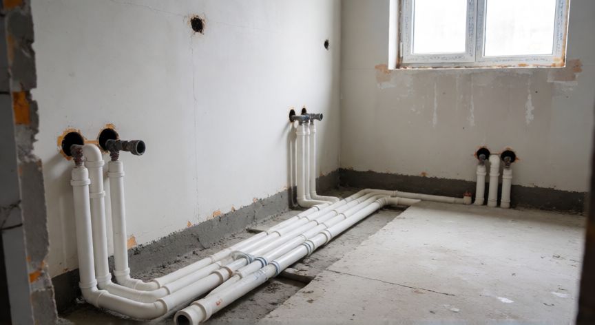 Instalación de tuberías y fontanería en construcción de baño nuevo