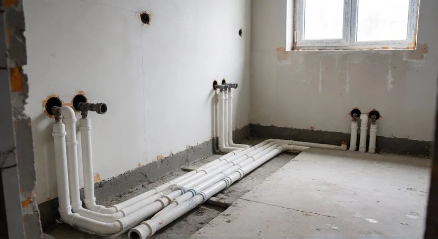 Instalación de tuberías y fontanería en construcción de baño nuevo