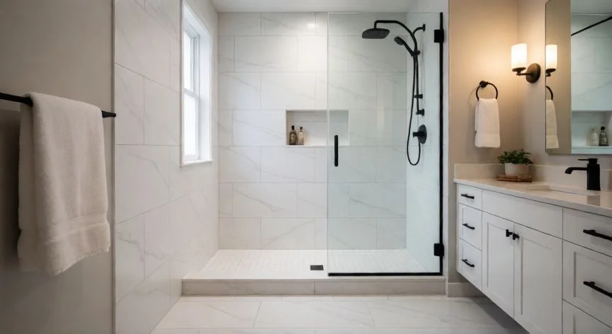 como hacer baño nuevo, Baño nuevo termino con azulejos blancos y acabados modernos