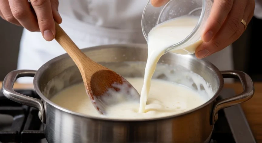 como hacer bechamel, Preparación de la roux y adición de leche para hacer salsa bechamel sin grumos