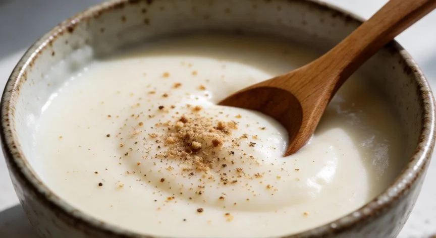 como hacer bechamel, Salsa bechamel casera terminada con nuez moscada y pimienta en un bol de cerámica