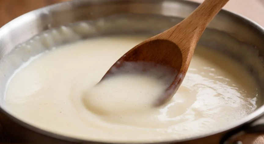 Salsa bechamel cremosa siendo removida en una sartén de acero inoxidable con textura lisa