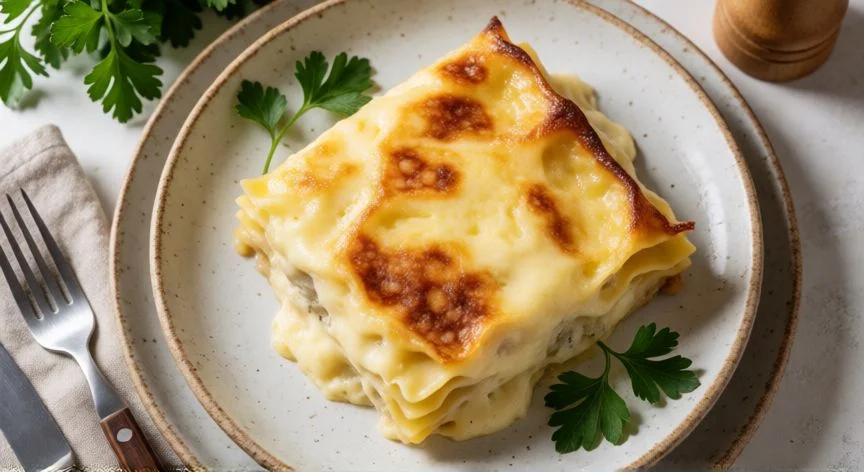 como hacer bechamel facil, Plato de gratén con capas de bechamel dorada y horneada servido en vajilla rústica