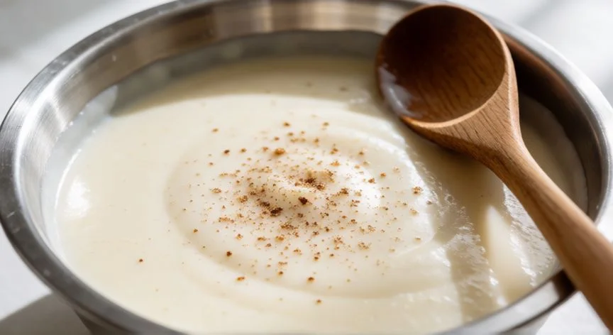 como hacer bechamel para lasaña, Bechamel cremosa terminada con nuez moscada lista para la lasaña