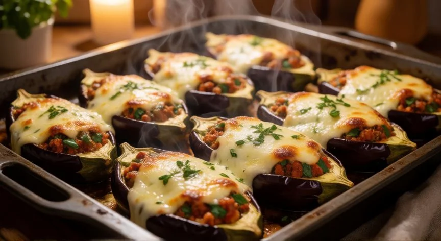 como hacer berenjenas rellenas, Berenjenas rellenas con carne y queso fundido dorándose en el horno listas para servir