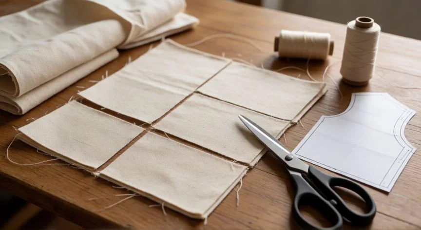 Materiales y herramientas para coser bolsas de tela sobre mesa de madera