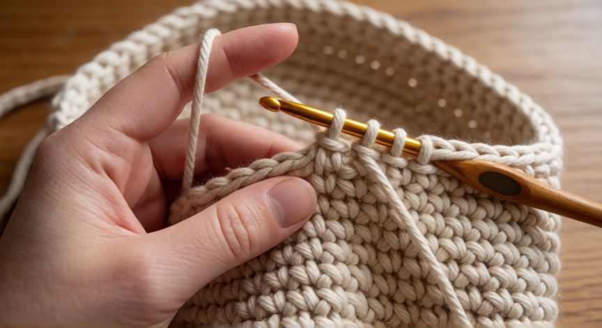 como hacer bolsos de ganchillo fáciles, Manos tejiendo un bolso de ganchillo de algodón beige con aguja