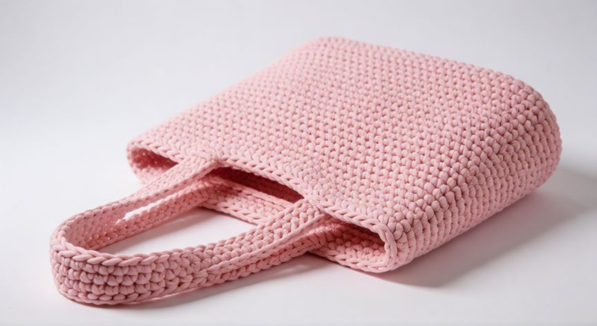 como hacer bolsos de ganchillo fáciles, Bolso de ganchillo rosa terminado con asas largas sobre fondo blanco