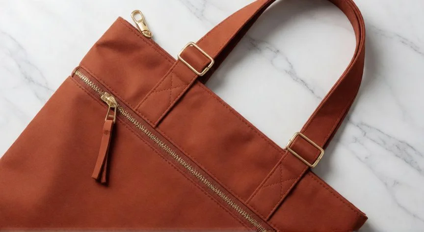 como hacer bolsos de tela modernos, Manos cosiendo refuerzo cuadro-X en asa de bolso