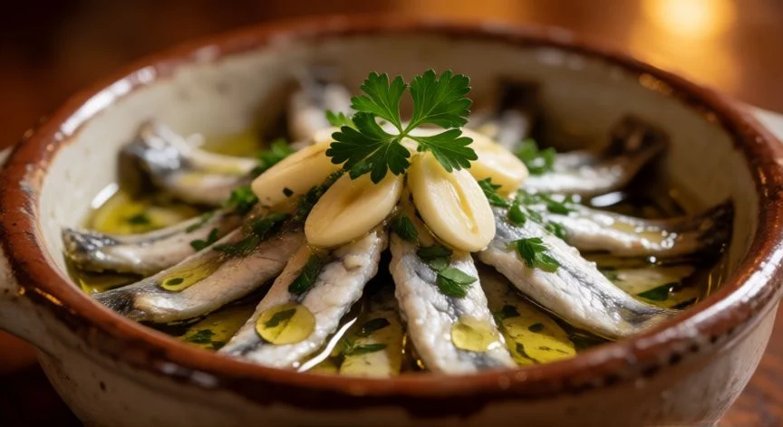 como hacer boquerones en vinagre, Boquerones en vinagre terminados en fuente con aceite de oliva, perejil y láminas de ajo sobre mesa de bar