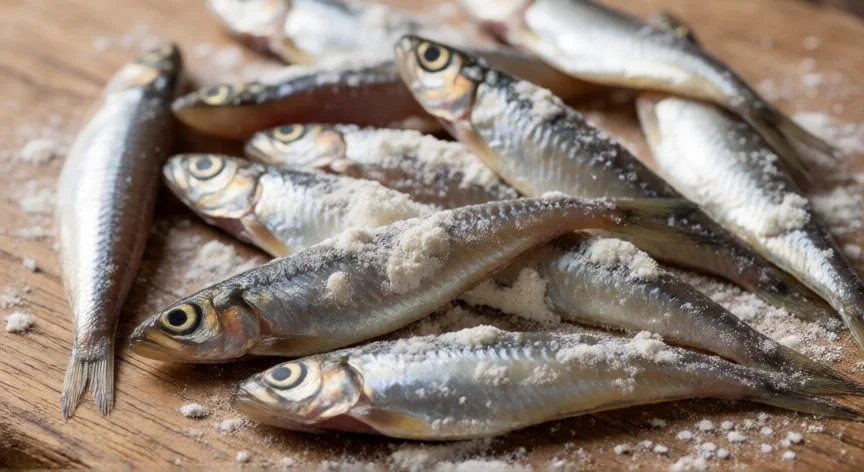 Boquerones limpios y enharinados listos para freír