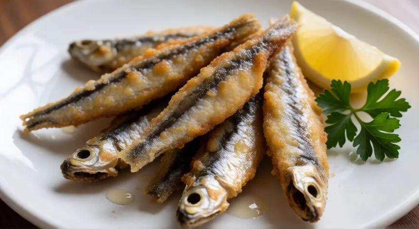 como hacer boquerones fritos, Plato de boquerones fritos crujientes con limón