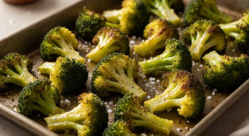 como hacer brocoli, Brócoli asado en el horno con bordes dorados y aceite de oliva