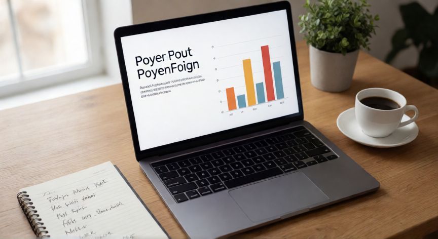 como hacer buenas presentaciones en powerpoint, Espacio de trabajo con portátil mostrando una diapositiva de PowerPoint limpia y notas manuscritas al lado