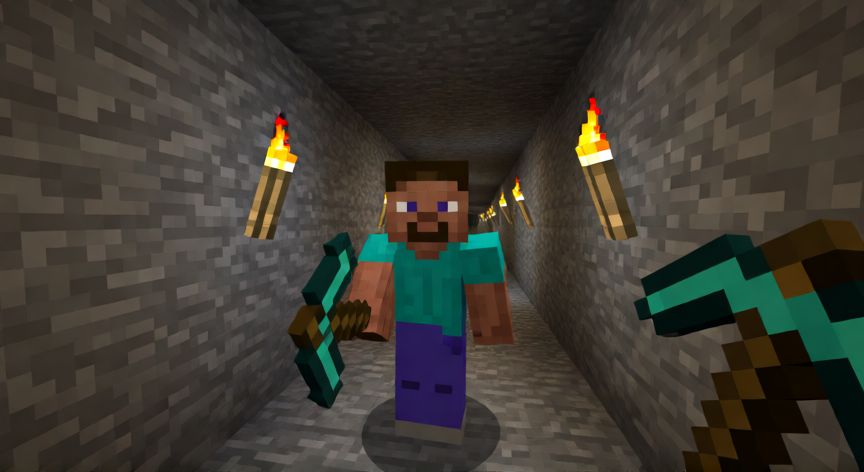 Jugador de Minecraft usando un pico de diamante en una cueva subterránea
