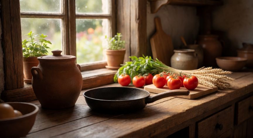 como hacer cada comida en grow a garden, Zona de cocina en Grow a Garden con ingredientes frescos y utensilios sobre encimera de madera