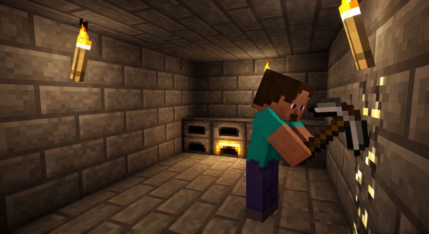 como hacer cada cosa en minecraft, Interior de una base subterránea en Minecraft minando hierro con antorchas