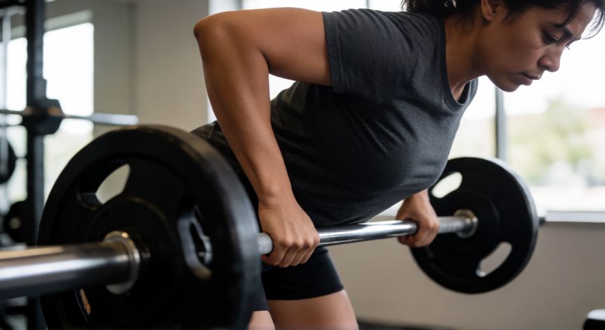 como hacer cada ejercicio en el gym, Ejercicio de remo con barra para fortalecer la espalda alta