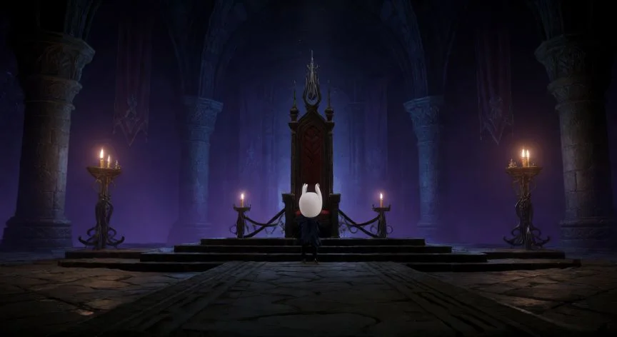 Caballero Hueco frente al trono del Rey Pálido en Hollow Knight