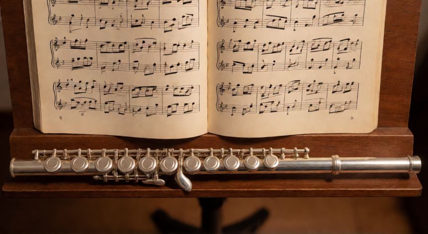 como hacer cada nota en la flauta, Flauta travesera plateada sobre un atril de madera junto a una partitura abierta