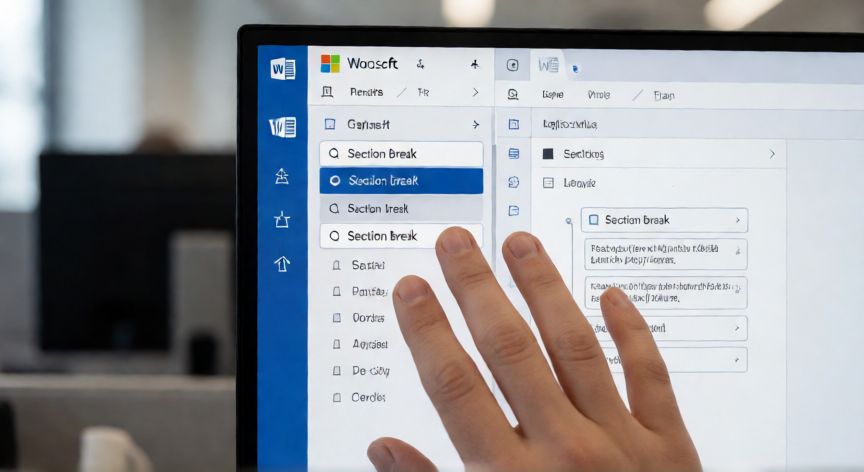 Interfaz de Word mostrando la opción de salto de sección para pies de página diferentes