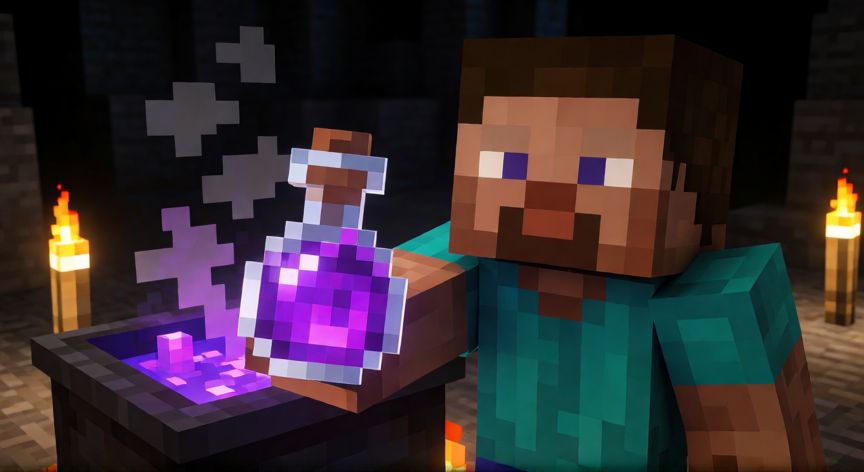 como hacer cada poción en minecraft, Jugador de Minecraft sosteniendo una poción brillante junto a un caldero