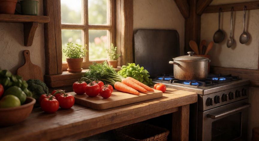 como hacer cada receta en grow a garden, Cocina acogedora en Grow a Garden con ingredientes frescos listos para cocinar