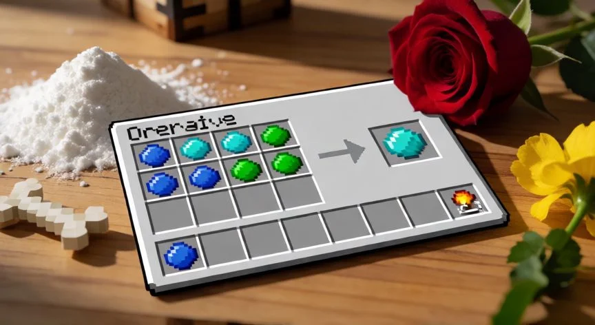 Mesa de crafteo con flores y lapislázuli para fabricar tintes en Minecraft