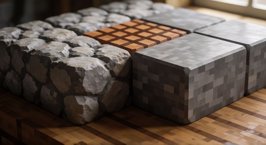 Piedra y piedra lisa dispuestas en una mesa de trabajo de Minecraft