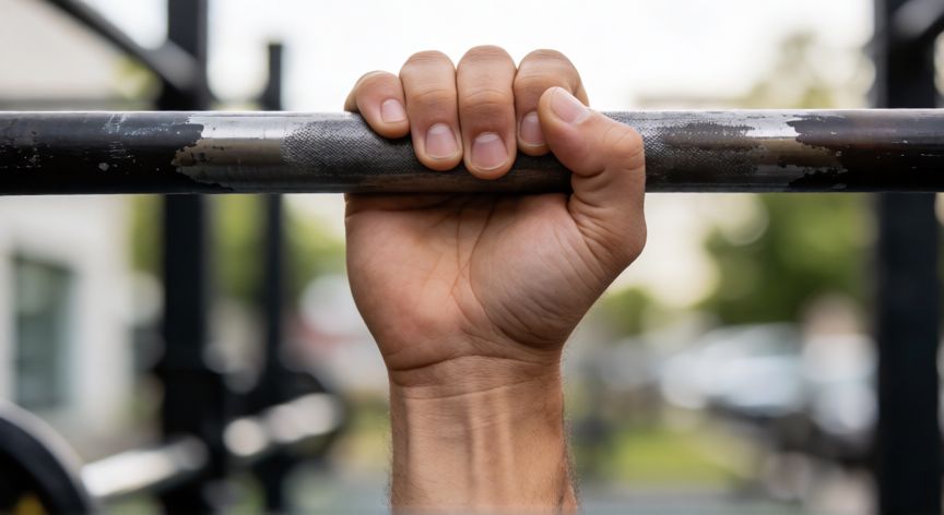 como hacer cada vez mas dominadas, Primer plano de manos sujetando barra fija con fuerza durante ejercicio