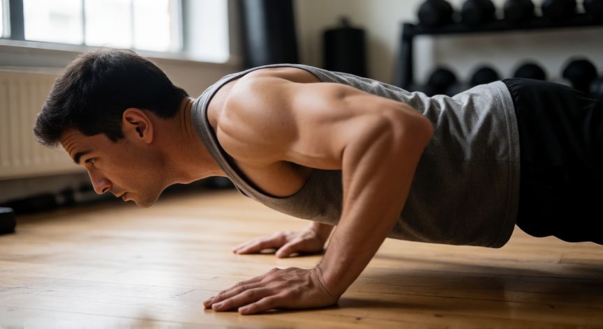 como hacer cada vez mas flexiones, Hombre ejecutando una flexión con técnica correcta