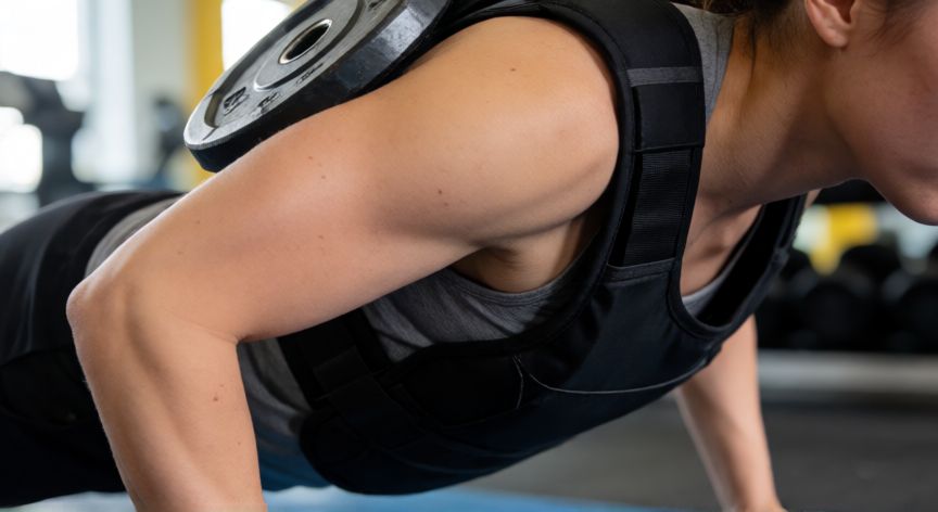 como hacer cada vez mas flexiones, Entrenador usando chaleco de pesas para flexiones