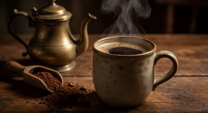 Taza de café estilo vintage con vapor y utensilios antiguos sobre mesa de madera