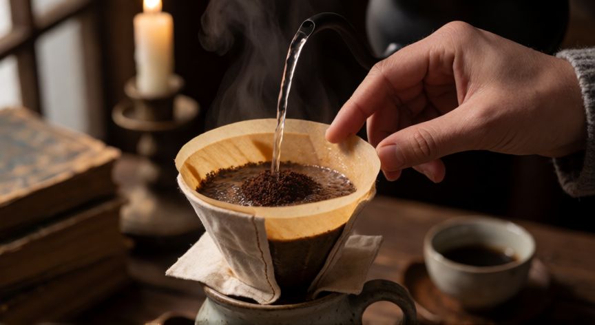 como hacer cafe 1820, Manos vertiendo agua caliente en un filtro de tela para preparar café tradicional