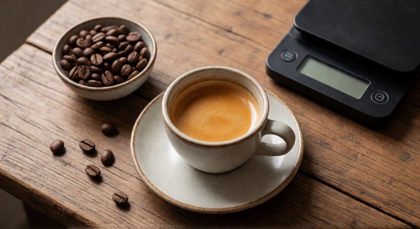 como hacer cafe, Vista cenital de una taza de café con granos frescos y báscula sobre mesa de madera