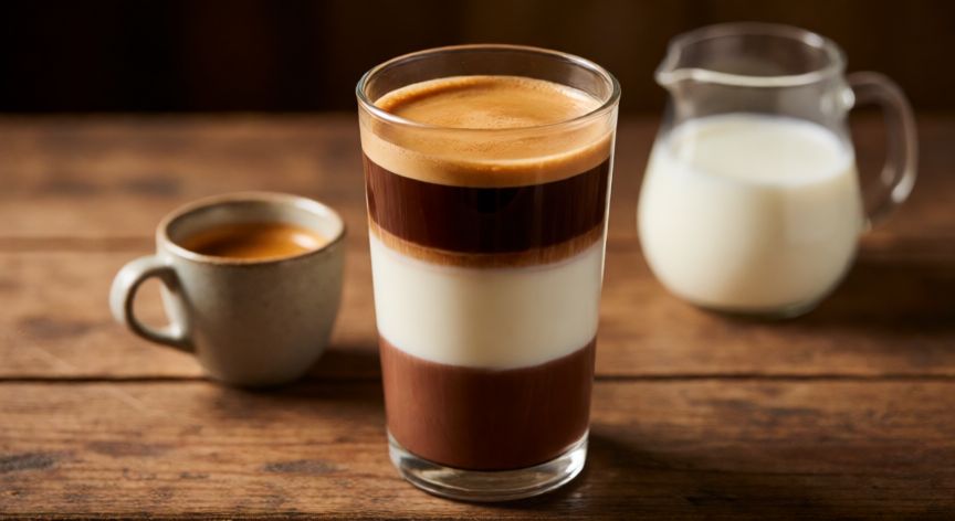 como hacer cafe 3 colores, Bebida de café estratificado de tres colores servido en mesa de madera
